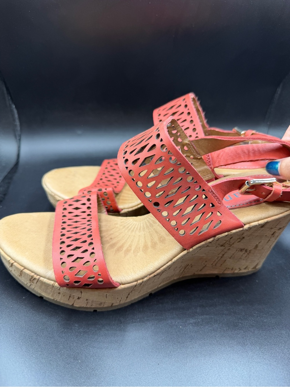 Women’s Red Laser-Cut Wedge Sandals